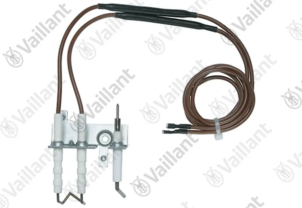 Zünd- und Überwachungselektrode von Vaillant mit mehreren Kabeln und Anschlüssen. Das Teil zeigt weiße Keramikelemente und eine Metallbasis zur Befestigung.